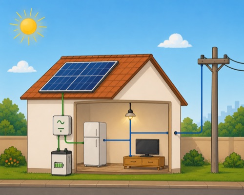Diagrama de um sistema solar híbrido: painel no telhado, inversor, bateria, casa e conexão com a rede elétrica