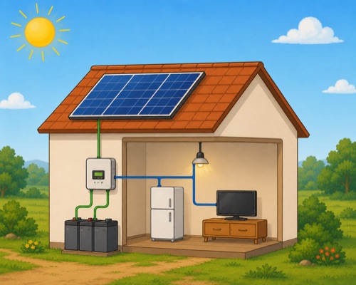 Diagrama de um sistema solar off-grid: painel no telhado, inversor, banco de baterias e casa isolada — sem conexão com a rede elétrica