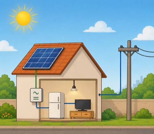 Diagrama de um sistema solar on-grid: painel no telhado, inversor, casa e conexão com a rede elétrica